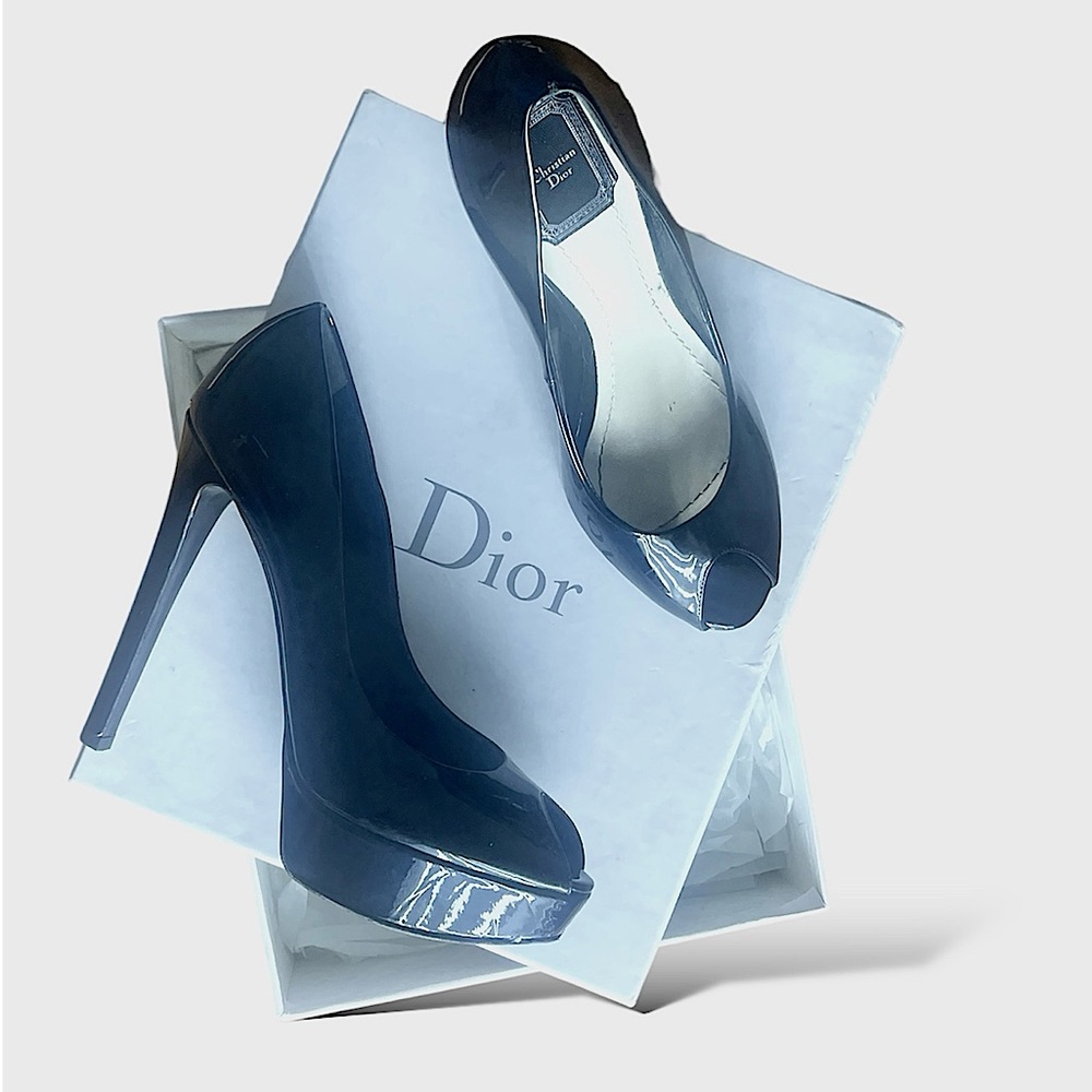 Dior Patent Leather Peep-Toe Platform Pumps in Navy
